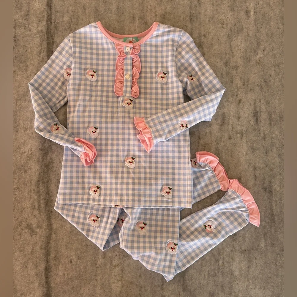 Smocked Flamingo Pink & Blue Gingham Ruffle Santa Pajama Set Size 6